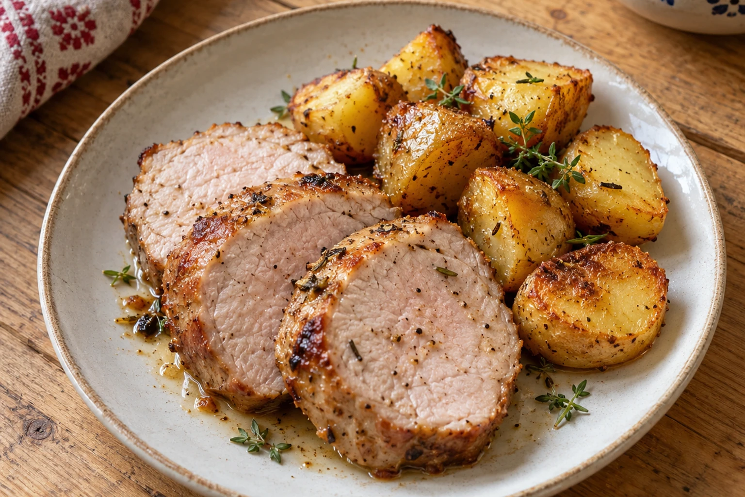 Sliced pork tenderloin with roasted herb potatoes on a white ceramic plate