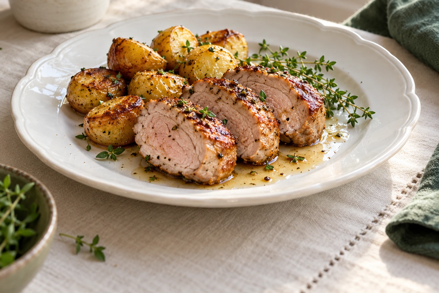 Sliced sous vide pork tenderloin with roasted baby potatoes and thyme garnish