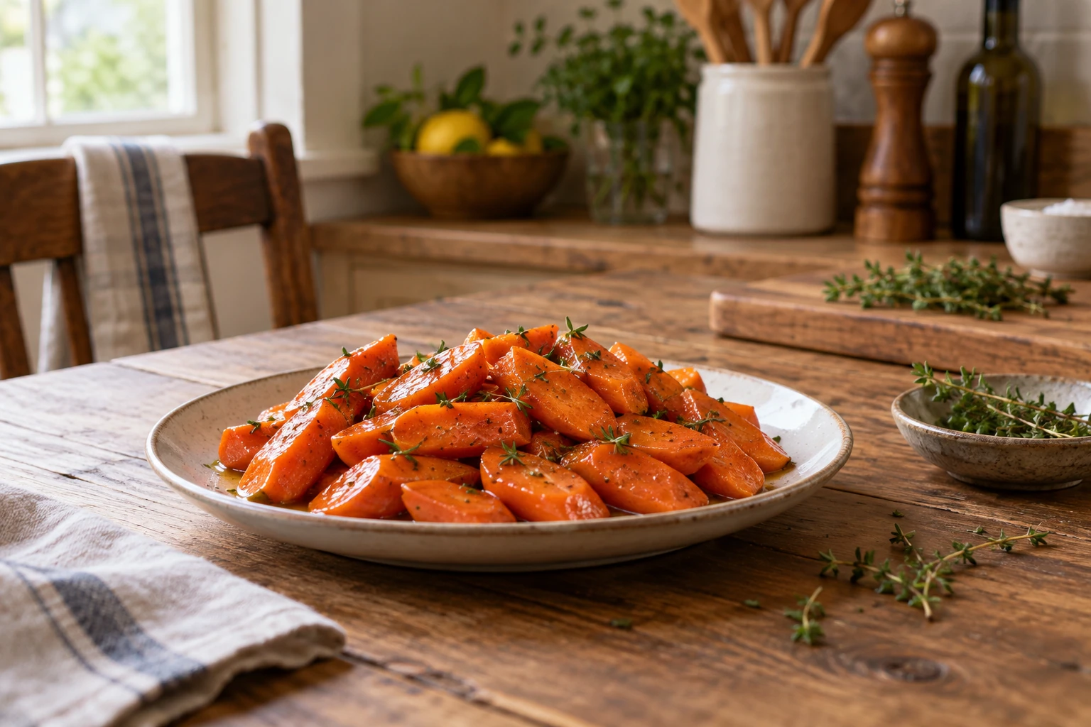 Plate of glazed sous vide carrots garnished with fresh thyme on wooden table