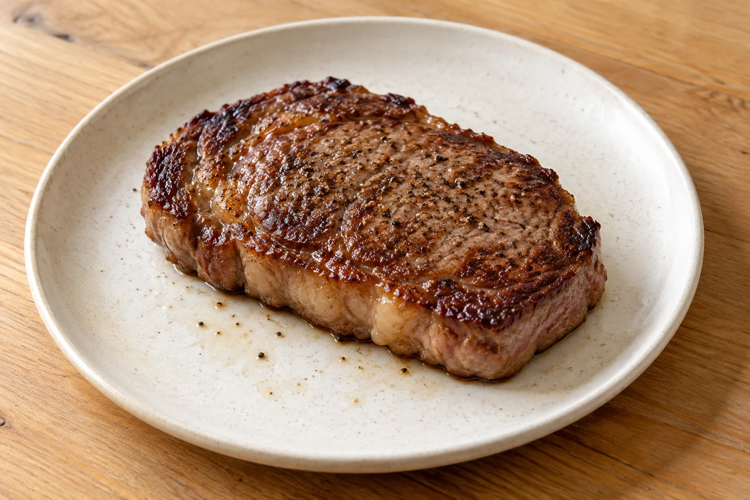 Seared ribeye steak with crust resting on a white ceramic plate