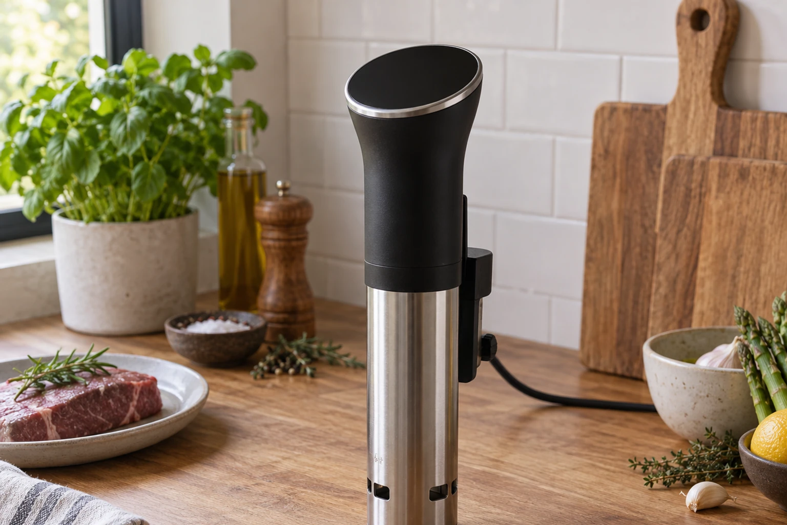 Stainless steel sous vide immersion circulator on kitchen counter with steak and herbs